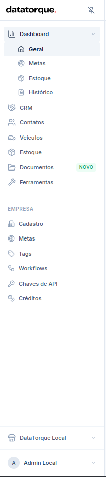 Barra lateral do datatorque para Admin, com os módulos principais, o bloco Empresa e o menu do usuário no rodapé