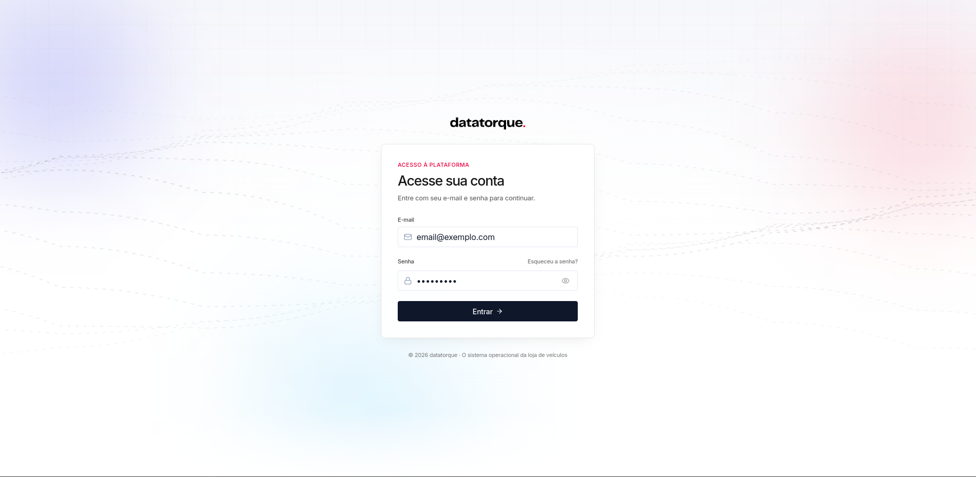 Tela de login do datatorque com os campos de e-mail e senha