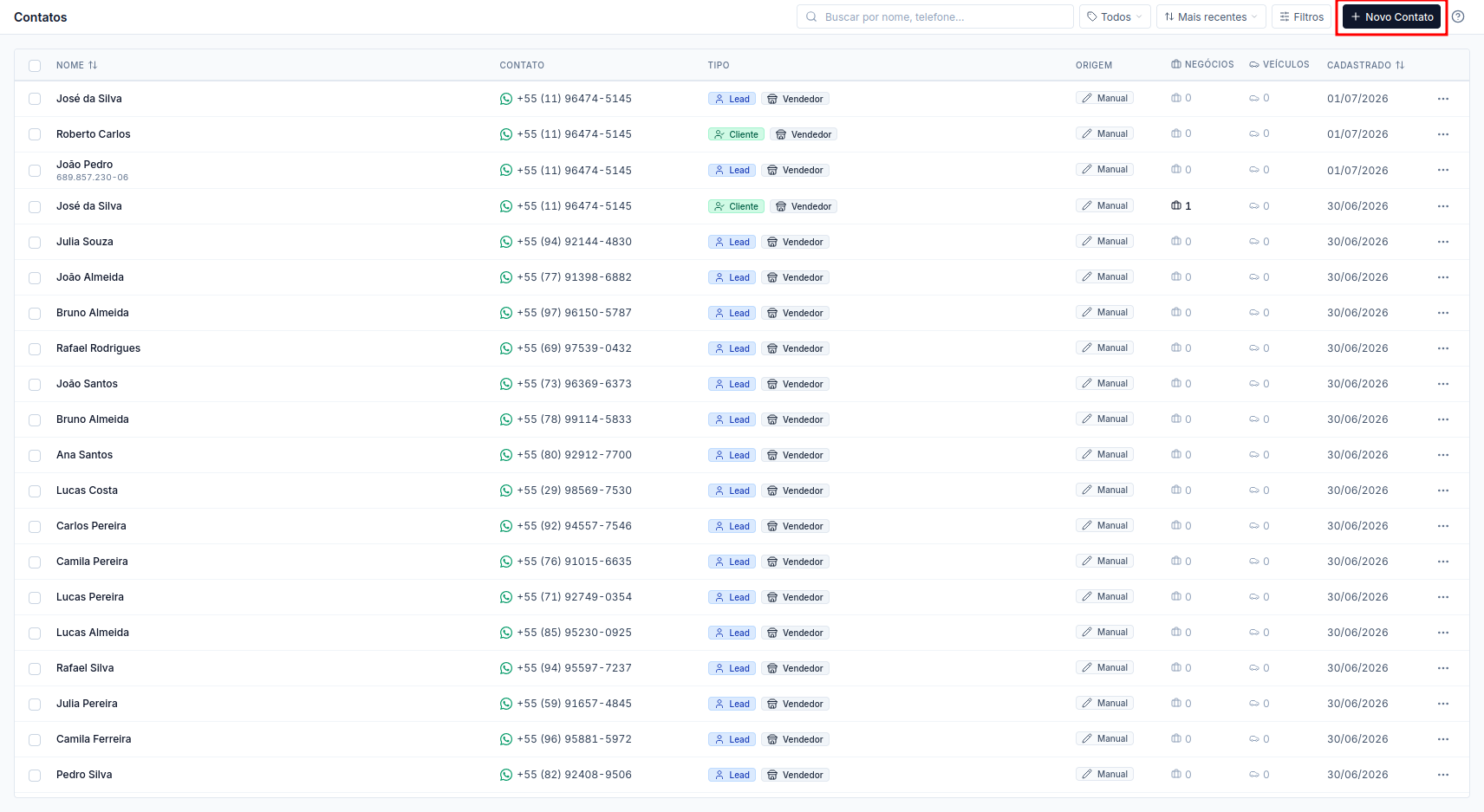Botão Novo Contato no canto superior direito da tela de Contatos