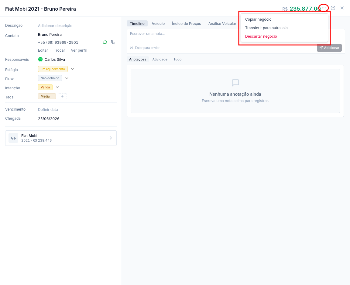 Menu ⋯ do negócio aberto, com as opções Copiar e Transferir