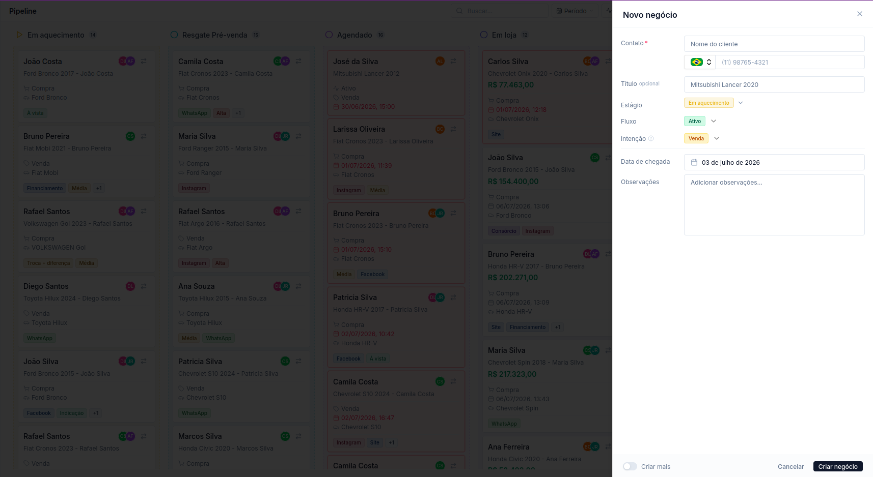 Formulário de novo negócio do quadro do CRM
