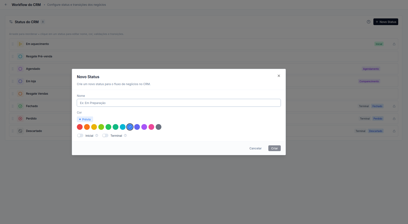 Formulário Novo Status com campos de nome, cor, Inicial e Terminal