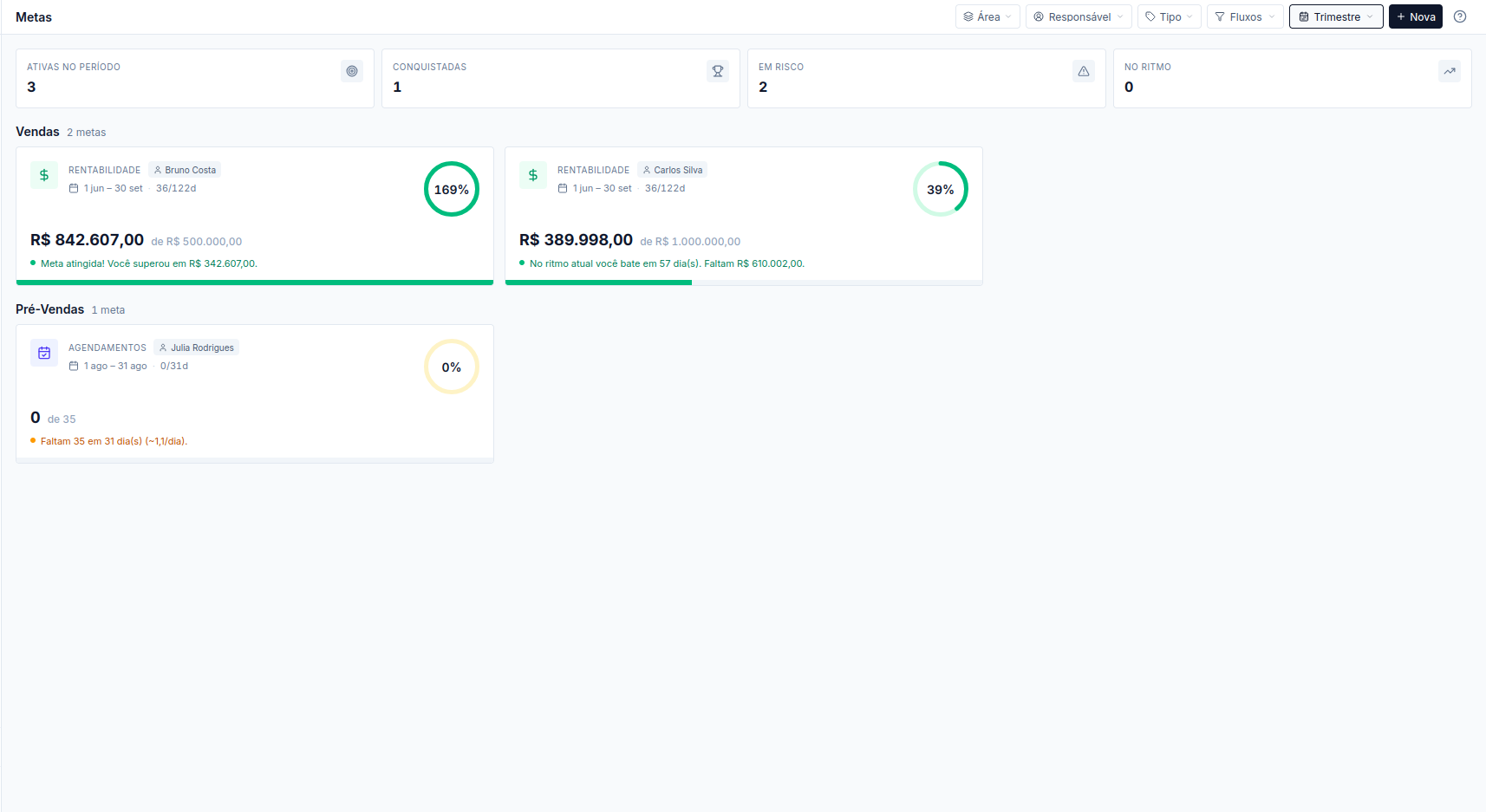 Página de Metas da empresa com a lista de metas cadastradas